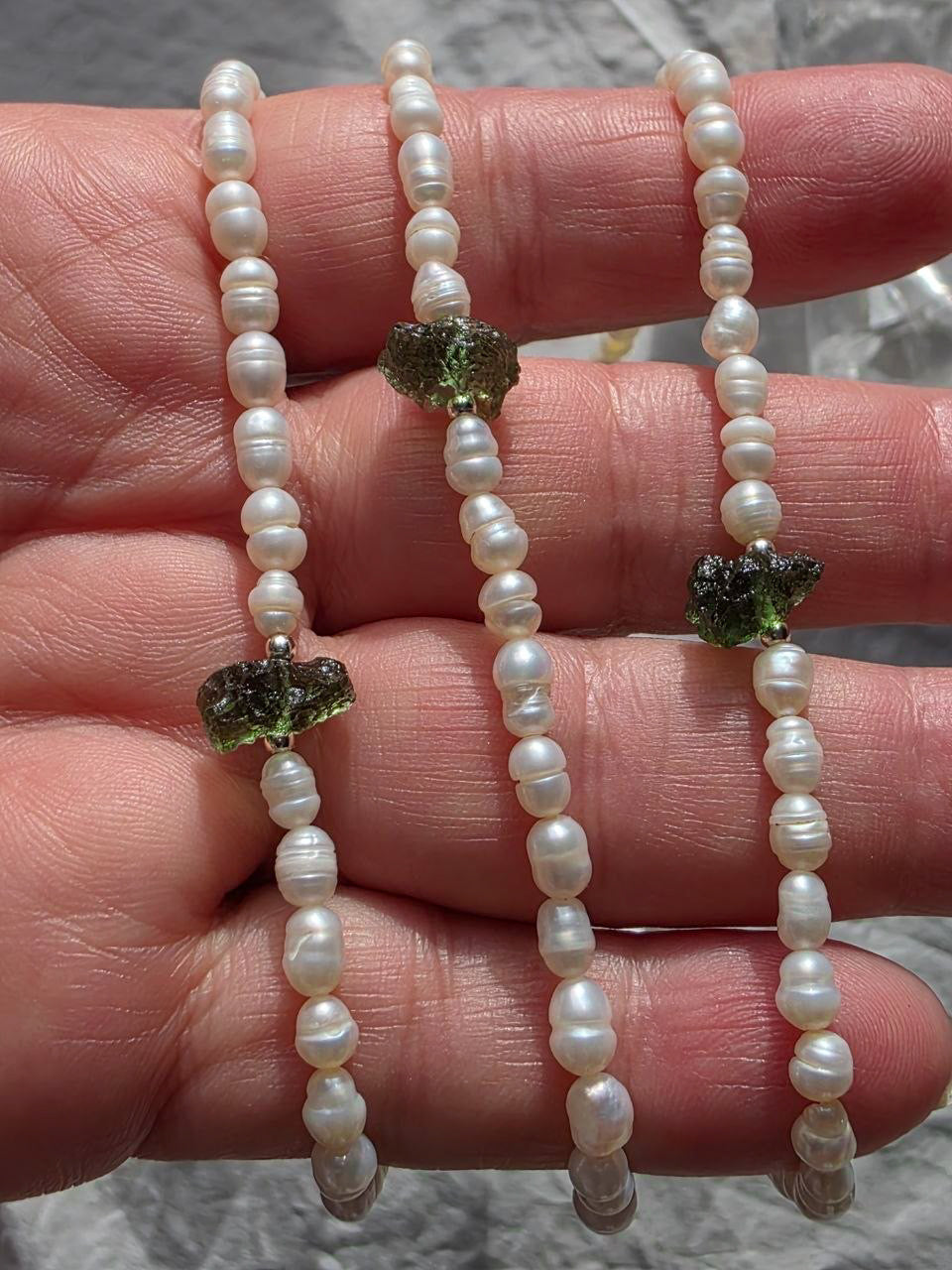 Drilled Moldavite & Freshwater Pearl Necklace, 0.4g, Chlum