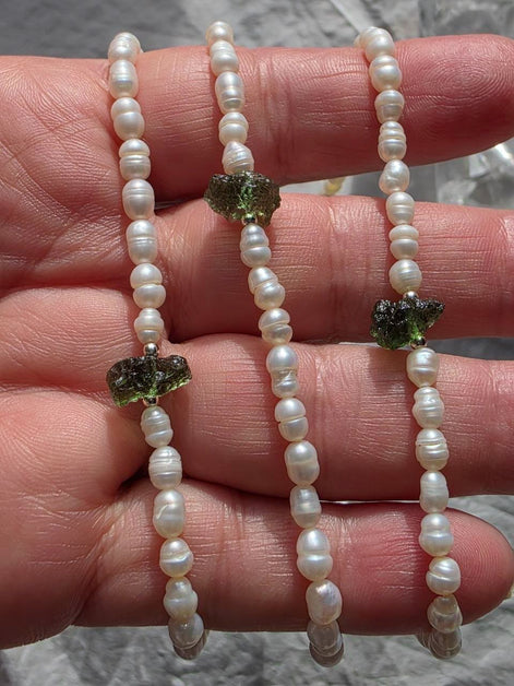 Drilled Moldavite & Freshwater Pearl Necklace, 0.4g, Chlum