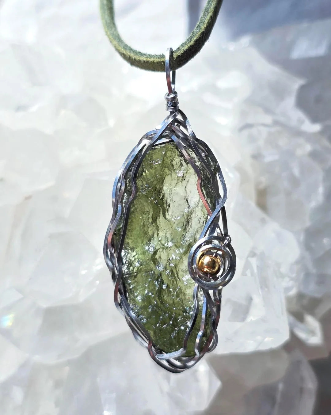 Transparent green 2.0 g Moldavite pendant from Maruškovo Pole wrapped in stainless steel wire with a gold-plated round bead