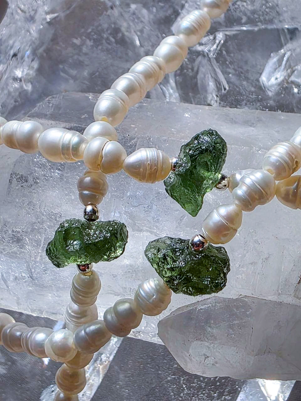 Drilled Moldavite & Freshwater Pearl Necklace, 0.4g, Chlum