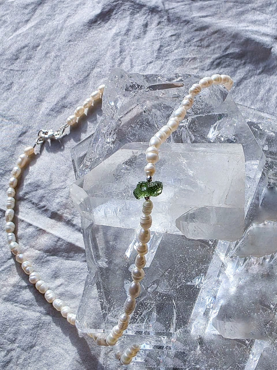 Drilled Moldavite & Freshwater Pearl Necklace, 0.4g, Chlum