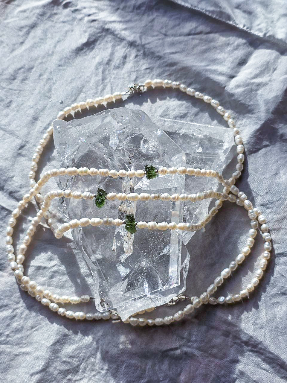 Drilled Moldavite & Freshwater Pearl Necklace, 0.4g, Chlum
