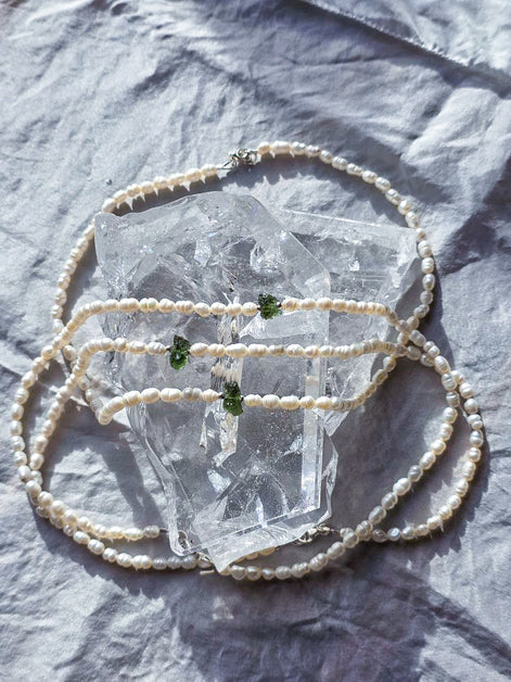 Drilled Moldavite & Freshwater Pearl Necklace, 0.4g, Chlum