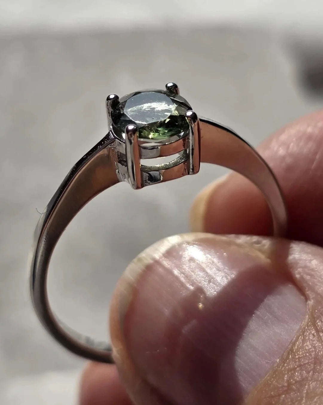 Faceted Moldavite ring from Chlum, set in sterling silver 925, US size 10