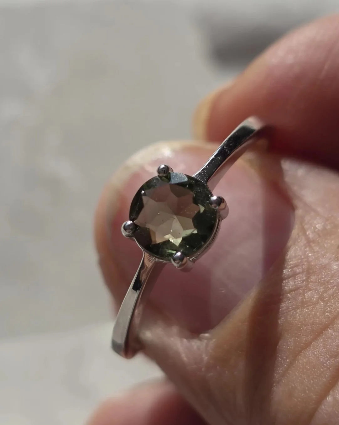 Faceted Moldavite ring from Chlum, set in sterling silver 925, US size 10