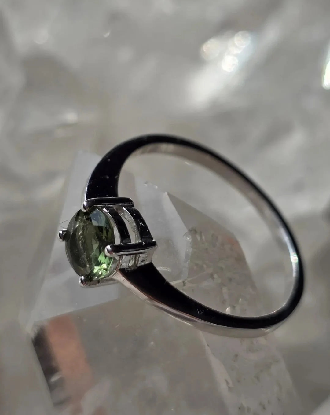 Faceted Moldavite ring from Chlum, set in sterling silver 925, US size 10