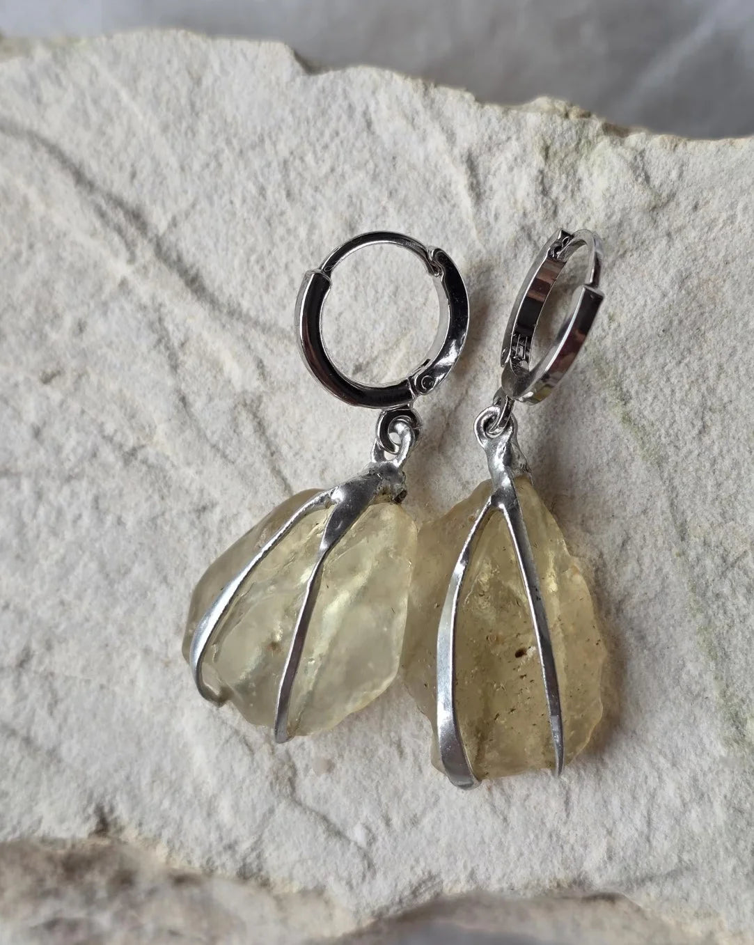 Libyan Desert Glass earrings from the Great Sand Sea with rhodium-plated hooks