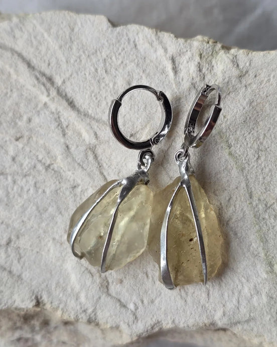 Libyan Desert Glass earrings from the Great Sand Sea with rhodium-plated hooks