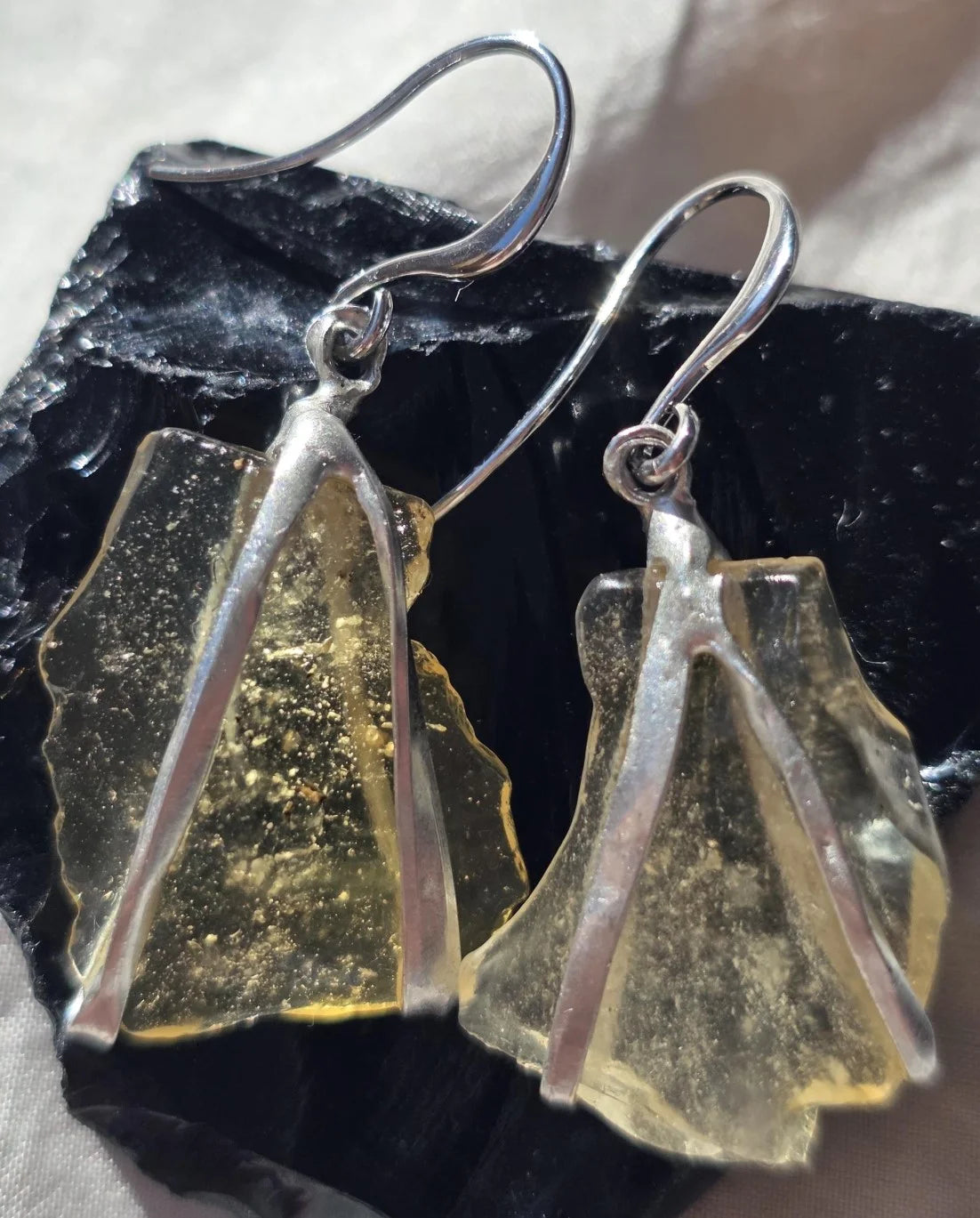 Libyan Desert Glass earrings from the Great Sand Sea with rhodium-plated hooks