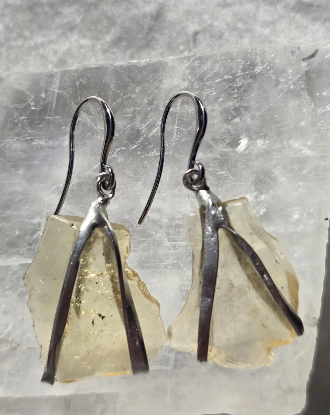 Libyan Desert Glass earrings from the Great Sand Sea with rhodium-plated hooks