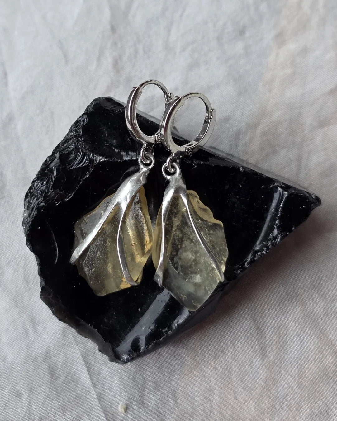 Libyan Desert Glass earrings from the Great Sand Sea with rhodium-plated hooks