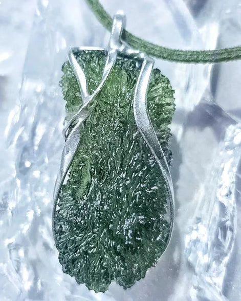 Raw Large Moldavite pendant from Nesměň in a lead-free tin setting