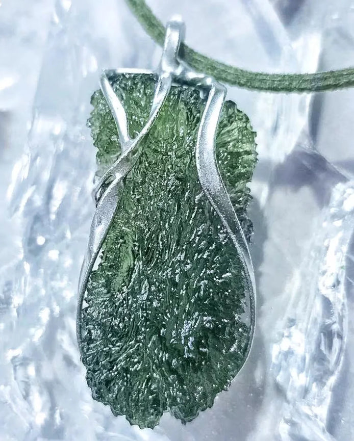 Raw Large Moldavite pendant from Nesměň in a lead-free tin setting
