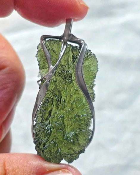 Raw 8.05g Moldavite pendant from Nesměň in a lead-free tin setting