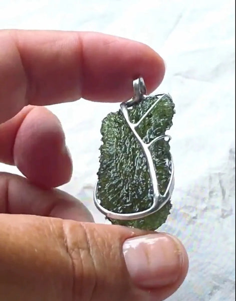Raw 8.05g Moldavite pendant from Nesměň in a lead-free tin setting
