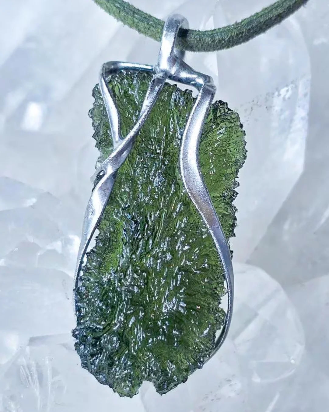 Raw 8.05g Moldavite pendant from Nesměň in a lead-free tin setting
