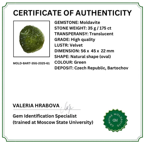 Certificate of authenticity 35g Moldavite from Bartochov, Czech Republic