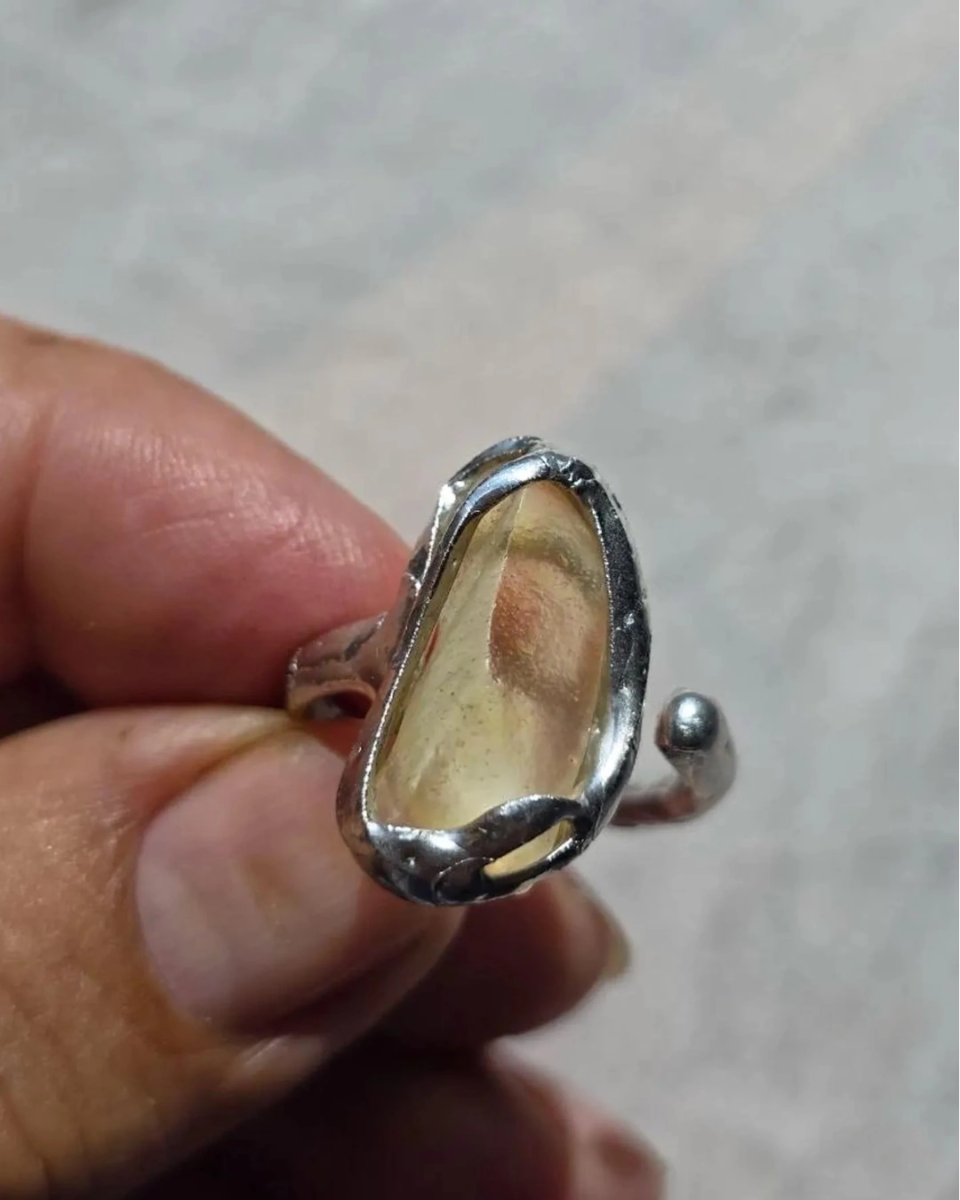 Adjustable ring with 1.2g translucent yellow Libyan Desert Glass from the Great Sand Sea, set in lead-free tin with silver content.