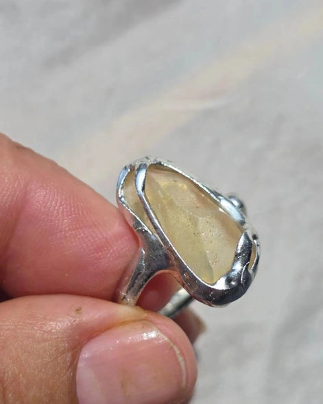 Adjustable ring with 1.2g translucent yellow Libyan Desert Glass from the Great Sand Sea, set in lead-free tin with silver content.