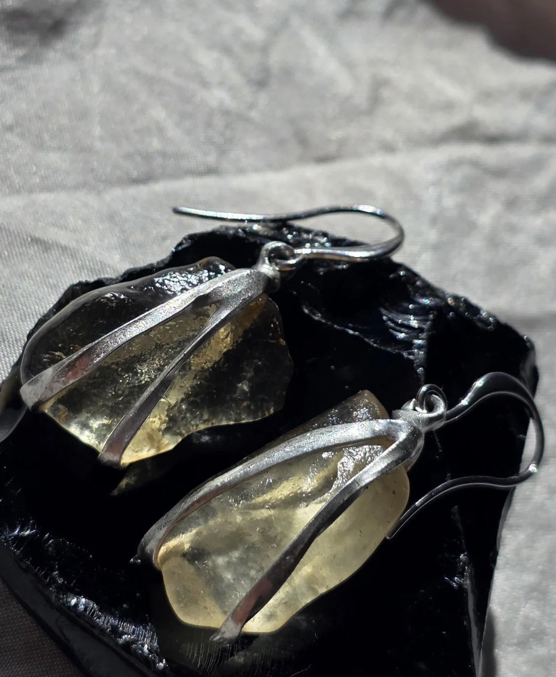 Libyan Desert Glass earrings from the Great Sand Sea with rhodium-plated hooks