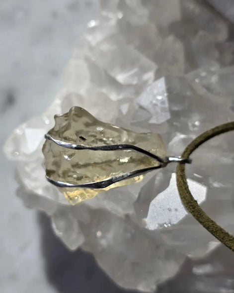 Libyan Desert Glass pendant with a genuine 3.0 g natural Libyan Desert Glass from the Great Sand Sea in a lead-free tin setting.