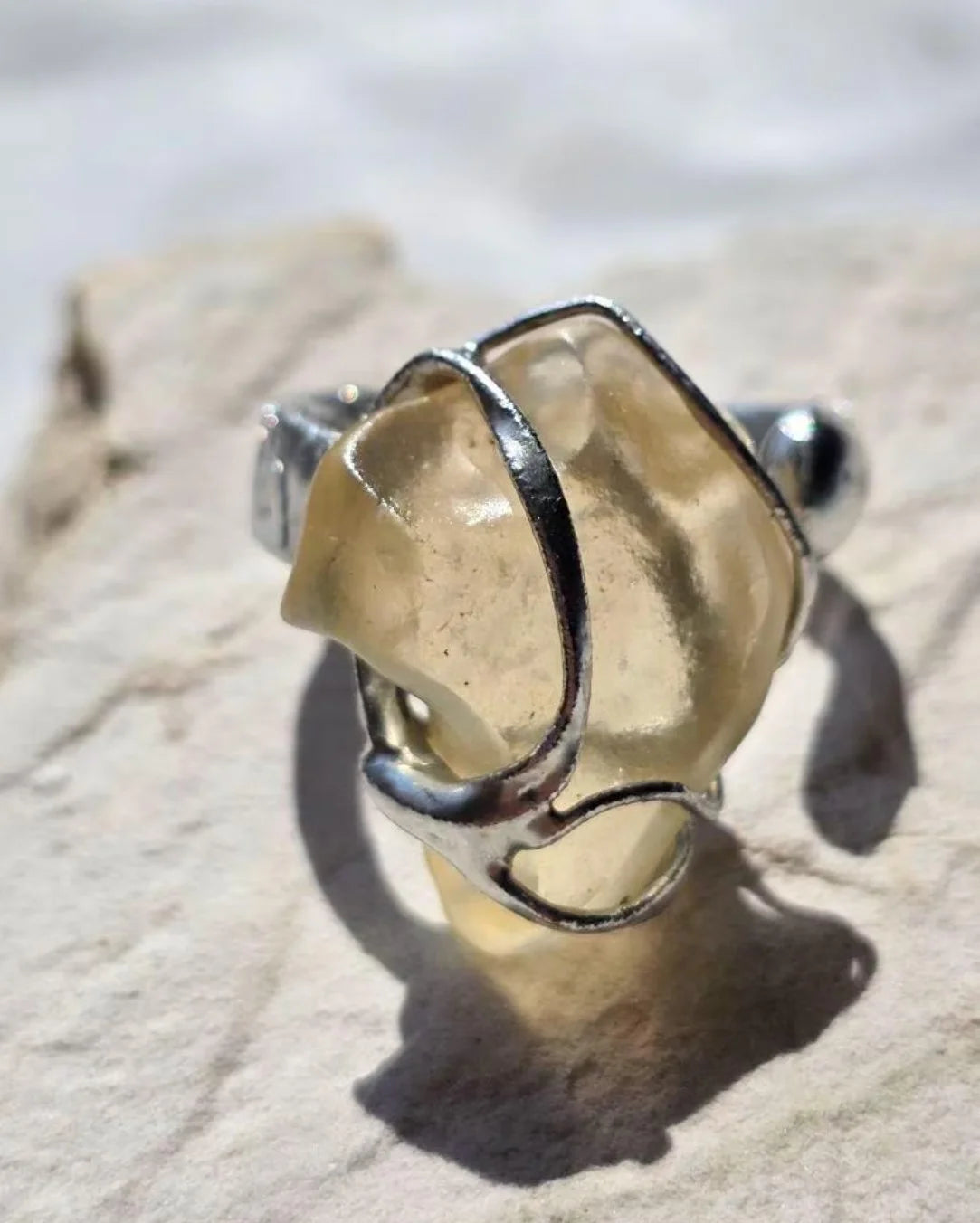 Adjustable Libyan Desert Glass ring, 3.3g, in a lead-free tin setting