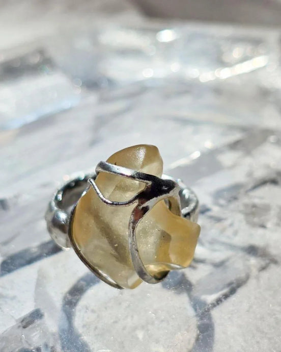 Adjustable Libyan Desert Glass ring, 3.3g, in a lead-free tin setting