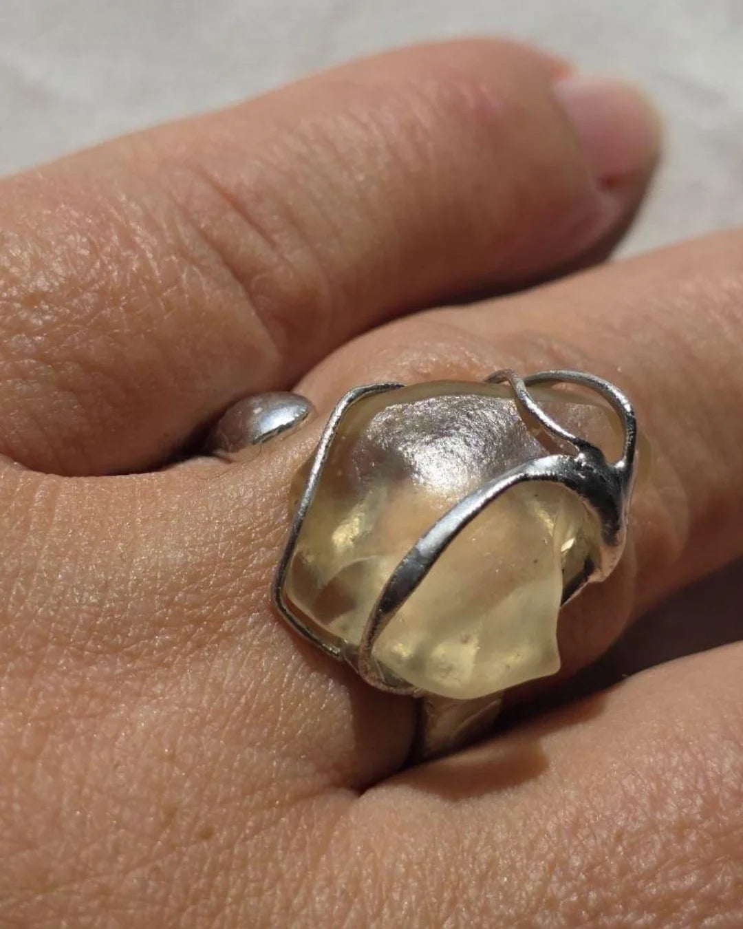 Adjustable Libyan Desert Glass ring, 3.3g, in a lead-free tin setting