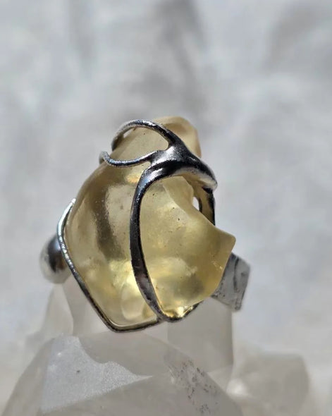 Adjustable Libyan Desert Glass ring, 3.3g, in a lead-free tin setting
