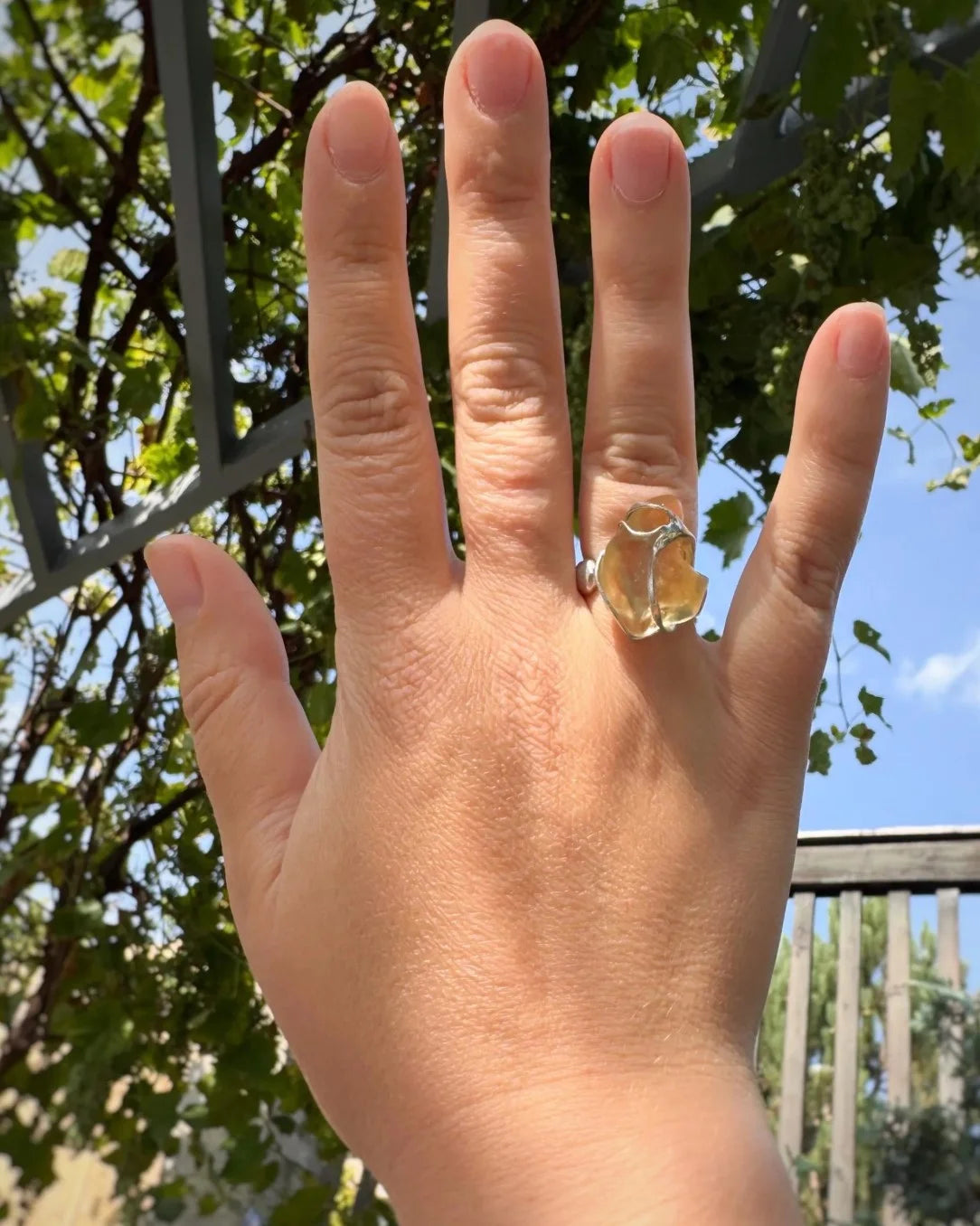Adjustable Libyan Desert Glass ring, 3.3g, in a lead-free tin setting