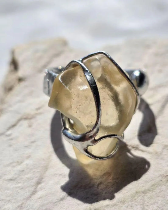 Adjustable Libyan Desert Glass ring, 3.3g, in a lead-free tin setting