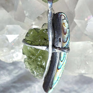 Natural Moldavite and Abalone Shell pendant with 2.03 g transparent green Moldavite from Chlum, Czech Republic, handmade in lead-free jewelry tin with silver admixture