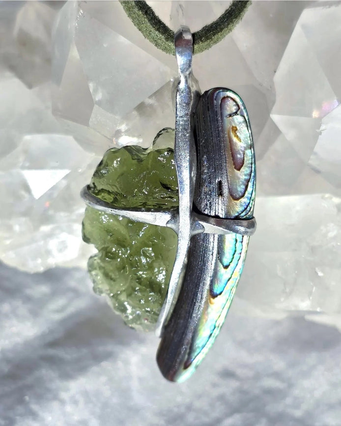 Natural Moldavite and Abalone Shell pendant with 2.03 g transparent green Moldavite from Chlum, Czech Republic, handmade in lead-free jewelry tin with silver admixture