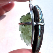 Natural Moldavite and Abalone Shell pendant with 2.03 g transparent green Moldavite from Chlum, Czech Republic, handmade in lead-free jewelry tin with silver admixture