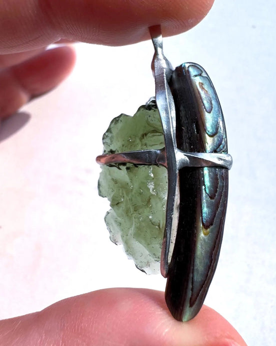 Natural Moldavite and Abalone Shell pendant with 2.03 g transparent green Moldavite from Chlum, Czech Republic, handmade in lead-free jewelry tin with silver admixture