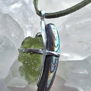 Natural Moldavite and Abalone Shell pendant with 2.03 g transparent green Moldavite from Chlum, Czech Republic, handmade in lead-free jewelry tin with silver admixture