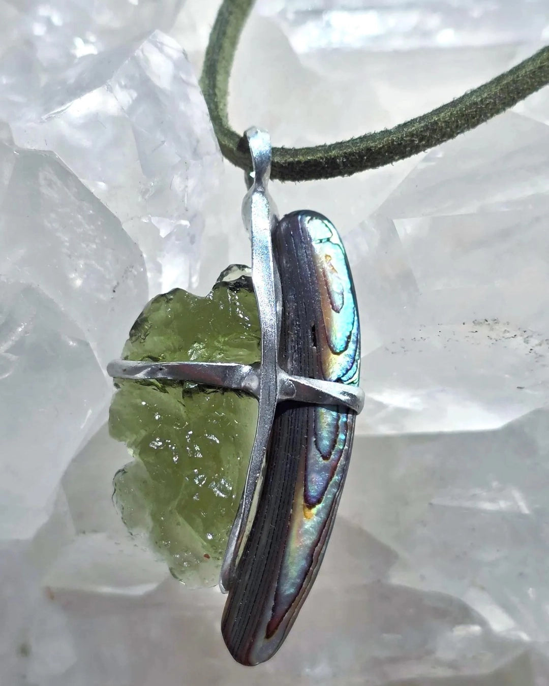 Natural Moldavite and Abalone Shell pendant with 2.03 g transparent green Moldavite from Chlum, Czech Republic, handmade in lead-free jewelry tin with silver admixture