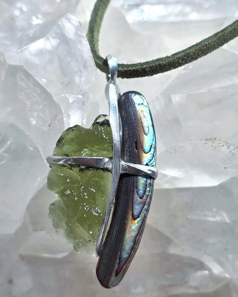 Natural Moldavite and Abalone Shell pendant with 2.03 g transparent green Moldavite from Chlum, Czech Republic, handmade in lead-free jewelry tin with silver admixture