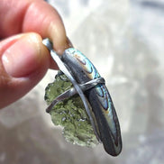 Natural Moldavite and Abalone Shell pendant with 2.03 g transparent green Moldavite from Chlum, Czech Republic, handmade in lead-free jewelry tin with silver admixture