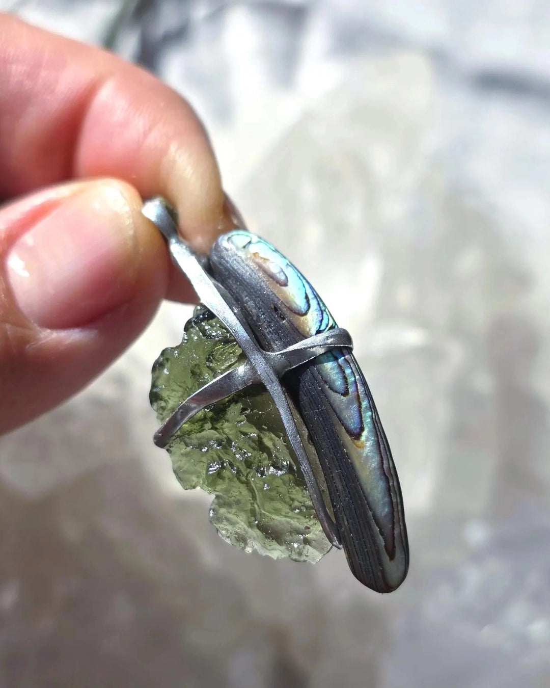 Natural Moldavite and Abalone Shell pendant with 2.03 g transparent green Moldavite from Chlum, Czech Republic, handmade in lead-free jewelry tin with silver admixture
