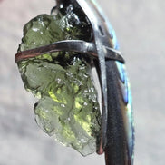 Natural Moldavite and Abalone Shell pendant with 2.03 g transparent green Moldavite from Chlum, Czech Republic, handmade in lead-free jewelry tin with silver admixture