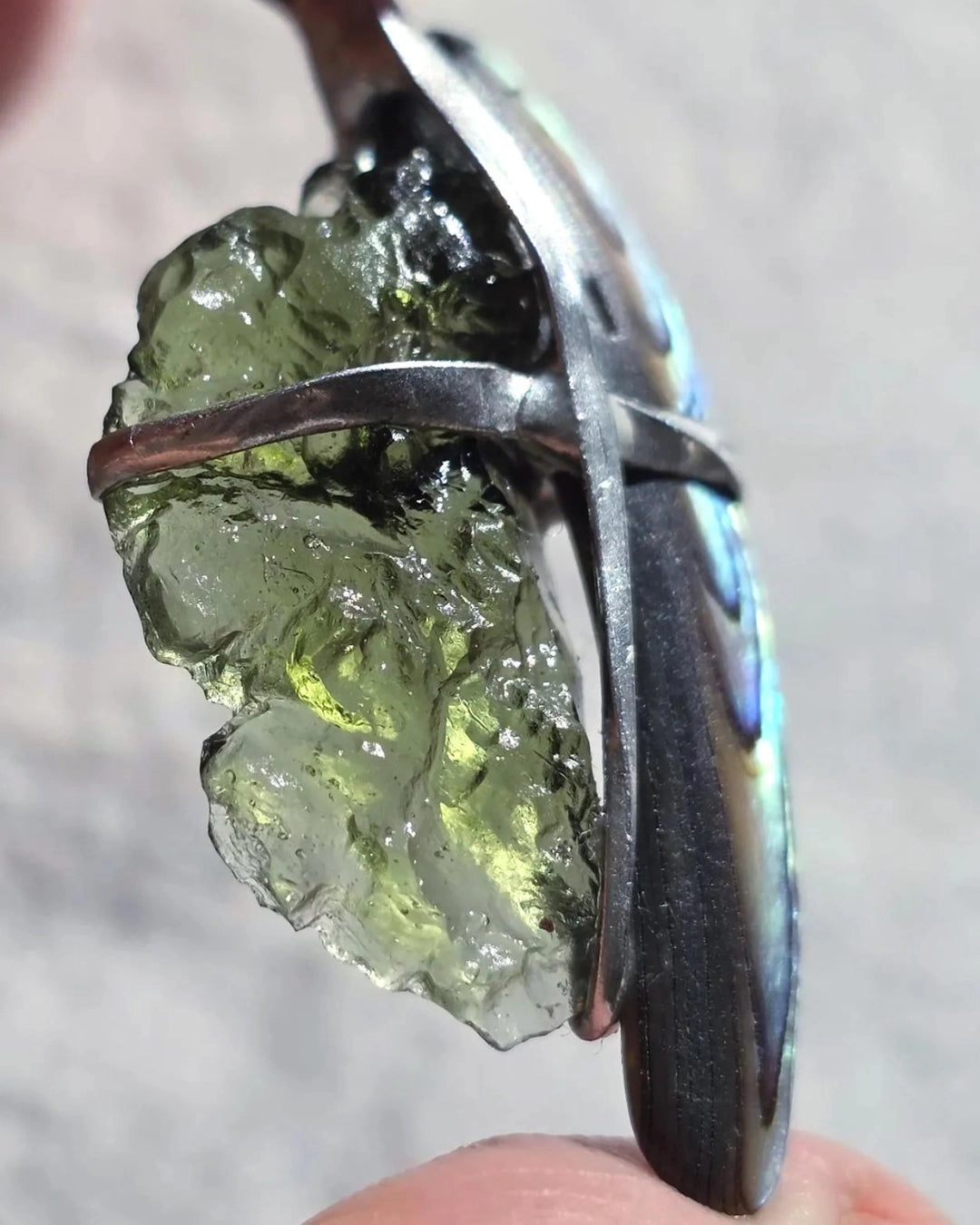 Natural Moldavite and Abalone Shell pendant with 2.03 g transparent green Moldavite from Chlum, Czech Republic, handmade in lead-free jewelry tin with silver admixture
