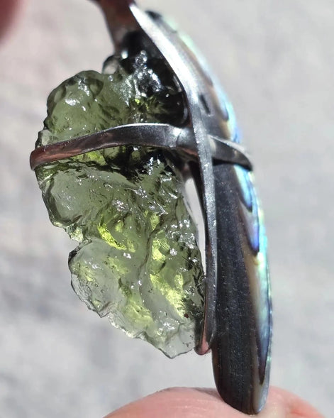 Natural Moldavite and Abalone Shell pendant with 2.03 g transparent green Moldavite from Chlum, Czech Republic, handmade in lead-free jewelry tin with silver admixture