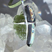 Natural Moldavite and Abalone Shell pendant with 2.03 g transparent green Moldavite from Chlum, Czech Republic, handmade in lead-free jewelry tin with silver admixture
