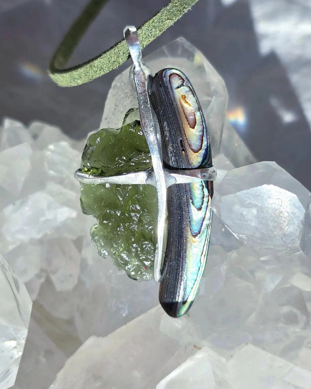 Natural Moldavite and Abalone Shell pendant with 2.03 g transparent green Moldavite from Chlum, Czech Republic, handmade in lead-free jewelry tin with silver admixture