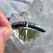 Natural Moldavite and Abalone Shell pendant with 2.03 g transparent green Moldavite from Chlum, Czech Republic, handmade in lead-free jewelry tin with silver admixture