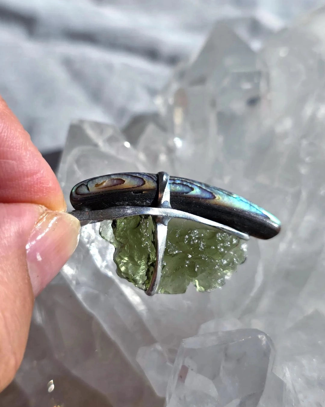 Natural Moldavite and Abalone Shell pendant with 2.03 g transparent green Moldavite from Chlum, Czech Republic, handmade in lead-free jewelry tin with silver admixture