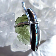 Natural Moldavite and Abalone Shell pendant with 2.03 g transparent green Moldavite from Chlum, Czech Republic, handmade in lead-free jewelry tin with silver admixture