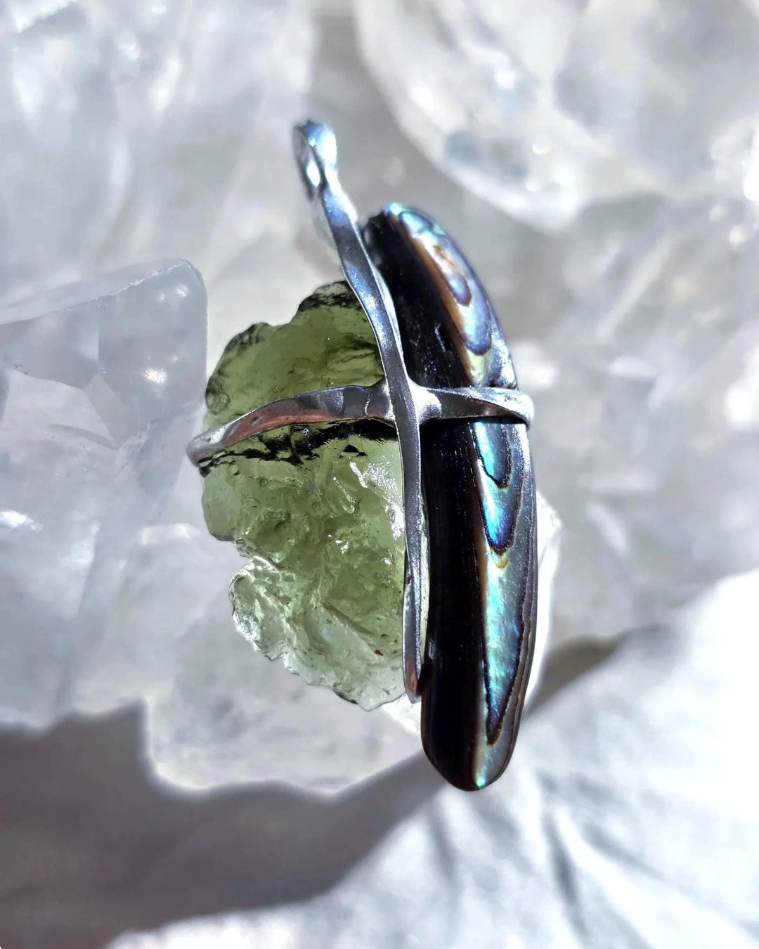 Natural Moldavite and Abalone Shell pendant with 2.03 g transparent green Moldavite from Chlum, Czech Republic, handmade in lead-free jewelry tin with silver admixture