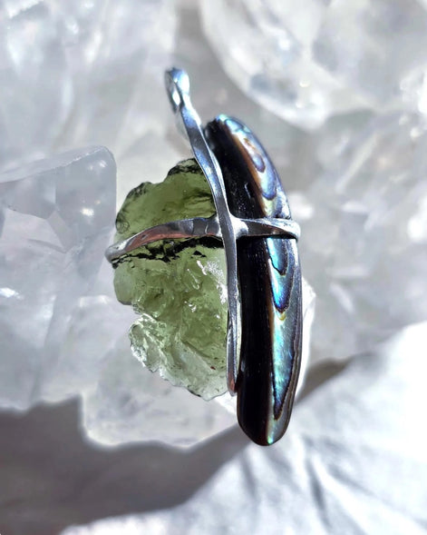 Natural Moldavite and Abalone Shell pendant with 2.03 g transparent green Moldavite from Chlum, Czech Republic, handmade in lead-free jewelry tin with silver admixture